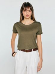 Koszulka damska z domieszką lnu khaki Otria 303. Zielone t-shirty damskie Big Star, l, bez wzorów, z denimu, bez kołnierzyka. Za 99.99 zł.