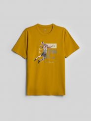 4F T-shirt regular z nadrukiem męski - żółty S. Żółte t-shirty męskie 4f, m, bez wzorów, z bawełny, bez kołnierzyka. Za 79.99 zł.