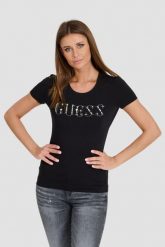 GUESS Czarny T-shirt z cyrkoniami. Czarne t-shirty damskie Guess, s, z aplikacjami, bez kołnierzyka. W wyprzedaży za 163.99 zł.