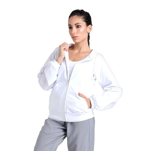 Błyszcząca damska bluza z kapturem zapinana na zamek. Białe bluzy sportowe damskie LEONE 1947 APPAREL, l, z tkaniny. W wyprzedaży za 167.70 zł.