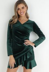 Ciemnozielona Sukienka Welurowa z Marszczeniem i Falbanką Zeve. Zielone sukienki damskie Born2be, na co dzień, bez wzorów, z weluru, eleganckie, bez kołnierzyka, bez ramiączek, mini. Za 99.99 zł.