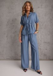 Niebieski Komplet z Wiskozy Spodnie Wide Leg i Bluzka ze Ściągaczem w Talii Daemnell. Niebieskie spodnie materiałowe damskie Renee, bez wzorów, z wiskozy. Za 129.99 zł.