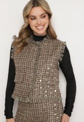 Zielono-Złota Kamizelka z Wełną Imitacją Kieszeni Cekinami i Metaliczną Nitką Kesaltia. Zielone kamizelki damskie Born2be, m, z jeansu. Za 94.99 zł.