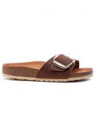 Birkenstock Klapki Madrid Big Buckle 1006525 Brązowy. Brązowe klapki damskie Birkenstock, bez wzorów, z nubiku, bez obcasa. Za 599.99 zł.