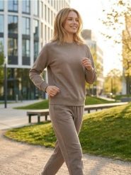 Dresowe spodnie jogger terry - brązowy. Brązowe spodnie sportowe damskie Sinsay, l, z dresówki. W wyprzedaży za 19.99 zł.