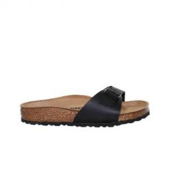 Klapki damskie Birkenstock Madrid. Czarne klapki damskie Birkenstock, bez wzorów, z materiału, bez obcasa. Za 289.00 zł.