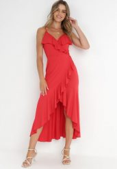 Czerwona Kopertowa Sukienka na Ramiączkach Zdobiona Falbanami Adathe. Czerwone sukienki damskie Born2be, l, z aplikacjami, eleganckie, bez kołnierzyka, bez ramiączek, midi, kopertowe. Za 129.99 zł.