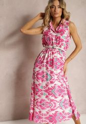 Różowa Rozkloszowana Sukienka z Ozdobnymi Naszyciami na Dekolcie w Abstrakcyjni Print Flubia. Czerwone sukienki damskie Renee, na imprezę, l, z aplikacjami, eleganckie, bez kołnierzyka, bez ramiączek, maxi, kopertowe. W wyprzedaży za 52.49 zł.