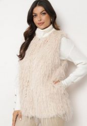 Jasnobeżowa Kamizelka Futrzana ze Wsuwanymi Kieszeniami Venzira. Brązowe kamizelki damskie Born2be, l, z futra. Za 129.99 zł.