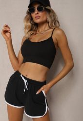 Czarne Szorty Dresowe z Dodatkiem Bawełny High Waist Wykończone Lamówką Mivorina. Czarne spodenki sportowe damskie Renee, bez wzorów, z bawełny, eleganckie, z podwyższonym stanem. Za 29.99 zł.
