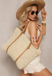 Jasnobeżowa Torebka z Plecionki w Stylu Boho z Ozdobnymi Rączkami Iltanin. Brązowe torebki klasyczne damskie Renee, bez wzorów, bez dodatków. Za 89.99 zł.