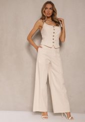 Beżowy Elegancki Komplet Top z Guzikami i Szerokie Spodnie z Wiskozy i Bawełny Divianne. Brązowe spodnie materiałowe damskie Renee, bez wzorów, z bawełny, eleganckie. Za 149.99 zł.