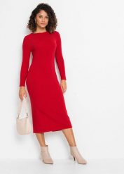Sukienka dzianinowa z mieszanki wiskozy. Czerwone sukienki damskie bonprix, bez wzorów, z dzianiny, bez kołnierzyka, bez ramiączek, dopasowane. Za 122.99 zł.