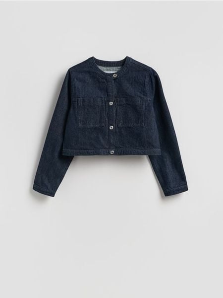 Jeansowa marynarka - granatowy. Niebieskie marynarki i żakiety damskie Reserved, l, bez wzorów, z bawełny. Za 129.99 zł.