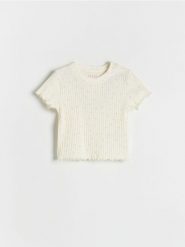 Prążkowany t-shirt - beżowy. Brązowe koszulki dziewczęce Reserved, m, bez wzorów, z bawełny, bez ramiączek. W wyprzedaży za 15.99 zł.