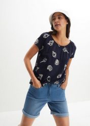 T-shirt z okrągłym dekoltem i nadrukiem, z bawełny organicznej. Niebieskie t-shirty damskie bonprix, bez wzorów, z bawełny, bez kołnierzyka. Za 59.99 zł.