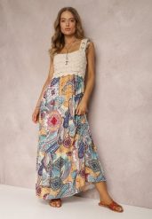 Beżowo-Niebieska Sukienka Grayah. Niebieskie sukienki damskie Renee, m, z aplikacjami, z tkaniny, boho, bez kołnierzyka, bez ramiączek, maxi, rozkloszowane. Za 109.99 zł.