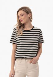 Koszulka w paski T-FREE. Brązowe t-shirty damskie Volcano, m, bez wzorów, z materiału, bez kołnierzyka. Za 69.99 zł.