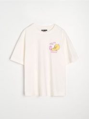 Bawełniana koszulka z nadrukiem na plecach Tweety - kremowy. Białe t-shirty damskie Sinsay, l, bez wzorów, z bawełny, bez kołnierzyka. Za 39.99 zł.