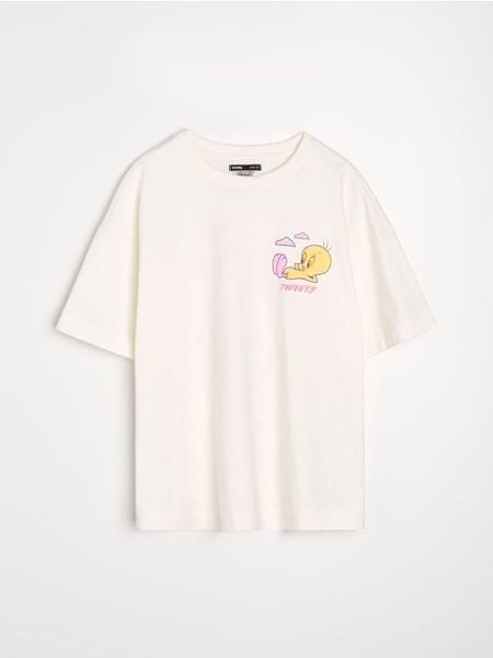 Bawełniana koszulka z nadrukiem na plecach Tweety - kremowy. Białe t-shirty damskie Sinsay, l, bez wzorów, z bawełny, bez kołnierzyka. Za 39.99 zł.