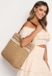 Brązowa Torebka Shopperka Wykończona Plecionką i Frędzlami w Stylu Boho Rivaniane. Brązowe shopper bag damskie Born2be, bez wzorów, z jeansu, bez dodatków. Za 64.99 zł.