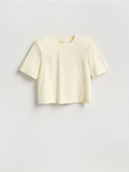 T-shirt boxy z domieszką jedwabiu - złamana biel. T-shirty damskie Reserved, l, bez wzorów, z bawełny, bez kołnierzyka. Za 99.99 zł.