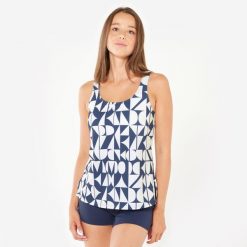 Strój jednoczęściowy pływacki damski Nabaiji 100 Heva tankini i szorty. Niebieskie spodenki sportowe damskie Decathlon, l, z elastanu, do pływania. Za 79.99 zł.