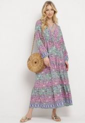 Różowa Sukienka Rozkloszowana z Falbanką w Print Paisley Kapiss. Czerwone sukienki damskie Born2be, l, bez wzorów, eleganckie, bez kołnierzyka, bez ramiączek, maxi, rozkloszowane. W wyprzedaży za 87.99 zł.