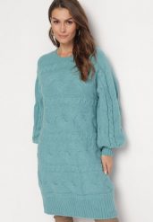 Ciemnozielony Oversizowy Sweter o Długim Kroju z Ozdobnym Splotem Sapodis. Zielone swetry klasyczne damskie Born2be, ze splotem, bez kołnierzyka. Za 149.99 zł.
