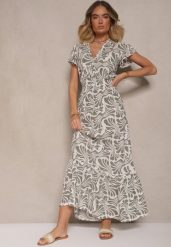 Biało-Zielona Kopertowa Sukienka z Ozdobną Falbanką w Kwiatowy Print Velmoi. Zielone sukienki damskie Renee, na co dzień, l, bez wzorów, eleganckie, bez kołnierzyka, bez ramiączek, maxi, kopertowe. Za 69.99 zł.