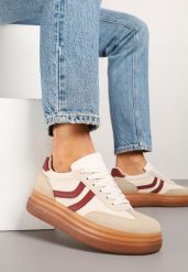 Beżowo-Bordowe Sneakersy Typu Kultowe Tenisówki na Niskiej Platformie Olritia. Brązowe trampki i tenisówki damskie Renee, bez wzorów, z materiału. Za 79.99 zł.