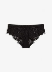 Figi hipster z wysokogatunkowej koronki. Czarne figi damskie bonprix, bez wzorów, z koronki. Za 37.99 zł.