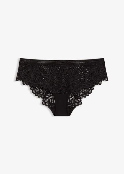 Figi hipster z wysokogatunkowej koronki. Czarne figi damskie bonprix, bez wzorów, z koronki. Za 37.99 zł.