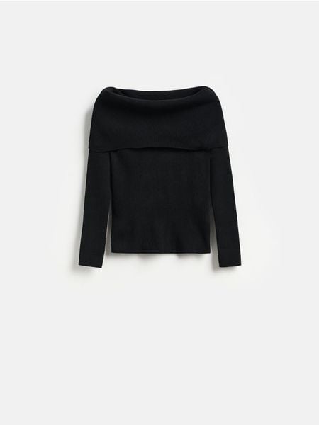 Sweter z wykładanym kołnierzem - czarny. Czarne swetry klasyczne damskie Reserved, l, z dzianiny, bez kołnierzyka. Za 109.99 zł.
