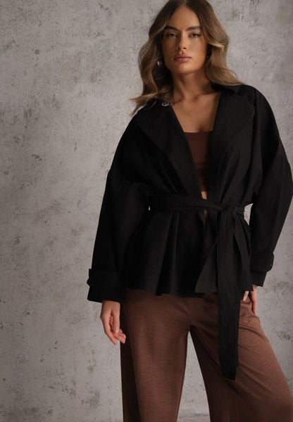 Czarna Kurtka z Bawełny i Wiskozy o Fasonie Krótkiego Trencza Abicara. Czarne kurtki damskie Renee, l, bez wzorów, z bawełny, z kapturem. Za 159.99 zł.