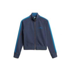 Kurtka dresowa z logo dla kobiet Superdry Essential. Niebieskie kurtki damskie Superdry., bez wzorów, z dresówki, bez kaptura. Za 325.55 zł.