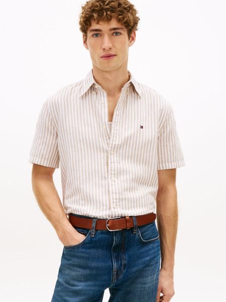 Tommy Hilfiger koszula z krótkim rękawem z lnu Mężczyźni Regular Fit Bawełna brązowy, M. Brązowe koszule męskie Tommy Hilfiger, na lato, m, bez wzorów, z bawełny, bez kołnierzyka, bez ramiączek. Za 329.95 zł.