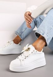 Biało-Złote Sneakersy na Platformie z Kokardką i Broszką Grivia. Białe broszki damskie Born2be, złote. Za 84.99 zł.