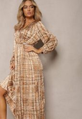 Beżowo-Brązowa Plisowana Sukienka Maxi Ozdobiona Wzorem w Tweedowym Stylu Juvioa. Brązowe sukienki damskie Renee, l, bez wzorów, z materiału, bez kołnierzyka, bez ramiączek, maxi. W wyprzedaży za 118.99 zł.
