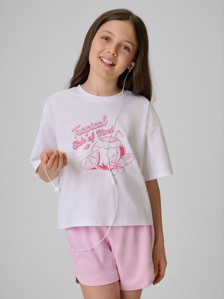 4F T-shirt loose crop top z nadrukiem dziewczęcy - biały 146/152 (10-12 lat). Białe koszulki dziewczęce 4f, bez wzorów, z bawełny, bez ramiączek. Za 49.99 zł.