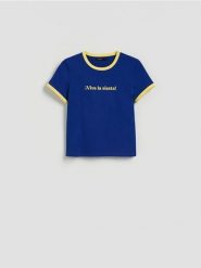 T-shirt z nadrukiem - granatowy. Niebieskie t-shirty damskie Reserved, l, bez wzorów, z bawełny, bez kołnierzyka. Za 39.99 zł.