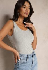 Ciemnoszary Dopasowany Top z Bawełny na Szerokich Ramiączkach Ravilina. Szare topy damskie Renee, l, bez wzorów, z bawełny, bez kołnierzyka. Za 19.99 zł.