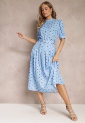 Niebieska Rozkloszowana Sukienka Midi z Gumką w Pasie i Ozdobnym Paskiem z Klamrą Abennita. Niebieskie sukienki damskie Renee, l, z aplikacjami, z materiału, eleganckie, bez kołnierzyka, bez ramiączek, maxi, rozkloszowane. W wyprzedaży za 111.99 zł.