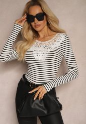 Biało-Czarna Bluzka z Prążkowanego Materiału w Paski z Koronką Irinima. Białe bluzki damskie Renee, m, z aplikacjami, z jeansu, eleganckie, bez kołnierzyka, bez ramiączek. Za 49.99 zł.