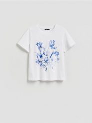 Bawełniany t-shirt - biały. Białe t-shirty damskie Reserved, l, bez wzorów, z bawełny, bez kołnierzyka. Za 39.99 zł.