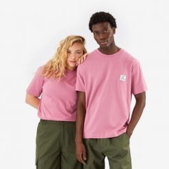 Koszulka uniseks z bawełny z certyfikatem Fairtrade/Max Havelaar. Czerwone bluzki damskie SIMOND, l, bez wzorów, z bawełny, sportowe, bez kołnierzyka, bez ramiączek. Za 99.99 zł.