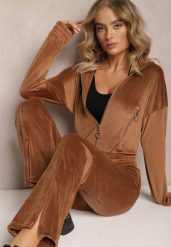 Brązowy Welurowy Komplet Dresowy z Bluzą i Spodniami Lunamea. Brązowe bluzy bez kaptura damskie Renee, m, z dresówki. Za 159.99 zł.