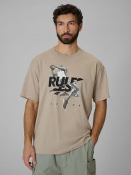 4F T-shirt loose z nadrukiem męski - beżowy S. Brązowe t-shirty męskie 4f, m, bez wzorów, z bawełny, bez kołnierzyka. Za 69.99 zł.