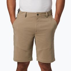Spodenki trekkingowe męskie Columbia Tech Trail 221. Brązowe szorty męskie Columbia, bez kołnierzyka. Za 209.99 zł.
