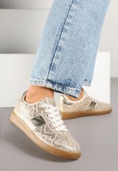 Złote Wężowe Sneakersy Tenisówki w Kultowym Stylu Neolithaen. Żółte trampki i tenisówki damskie Renee, bez wzorów, z jeansu. Za 74.99 zł.